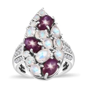 Indian Star Ruby and Multi Gemstone 4.90 ctw Celestial Ring in Platinum Over Sterling Silver (Size 5.0)