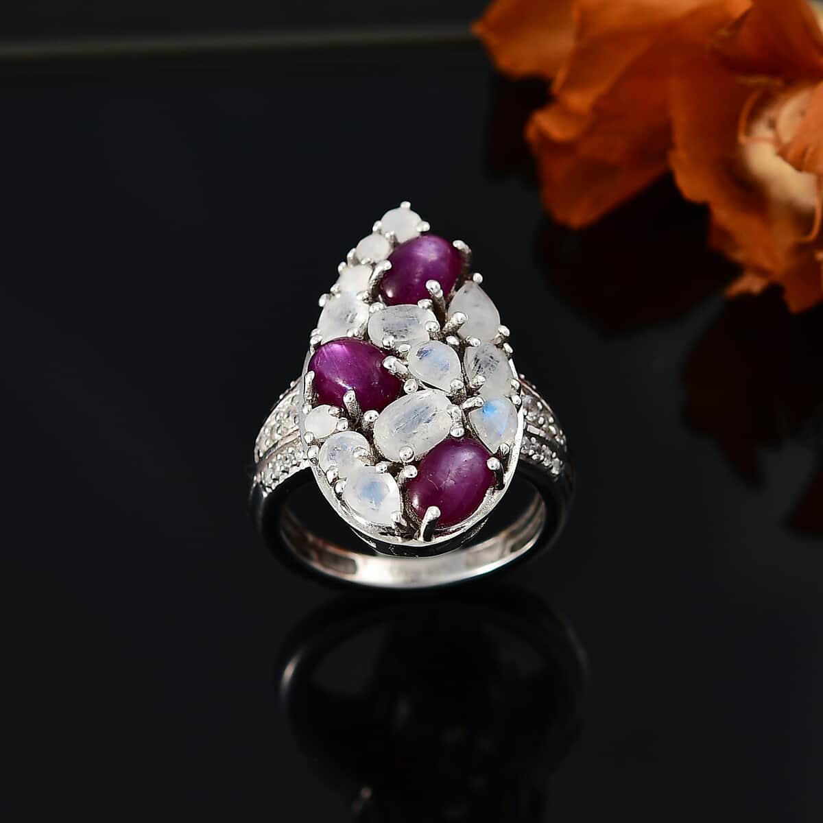 Indian Star Ruby and Multi Gemstone 4.90 ctw Celestial Ring in Platinum Over Sterling Silver (Size 5.0) image number 2