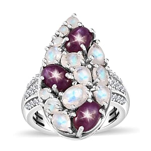 Indian Star Ruby and Multi Gemstone 4.90 ctw Celestial Ring in Platinum Over Sterling Silver (Size 7.0)