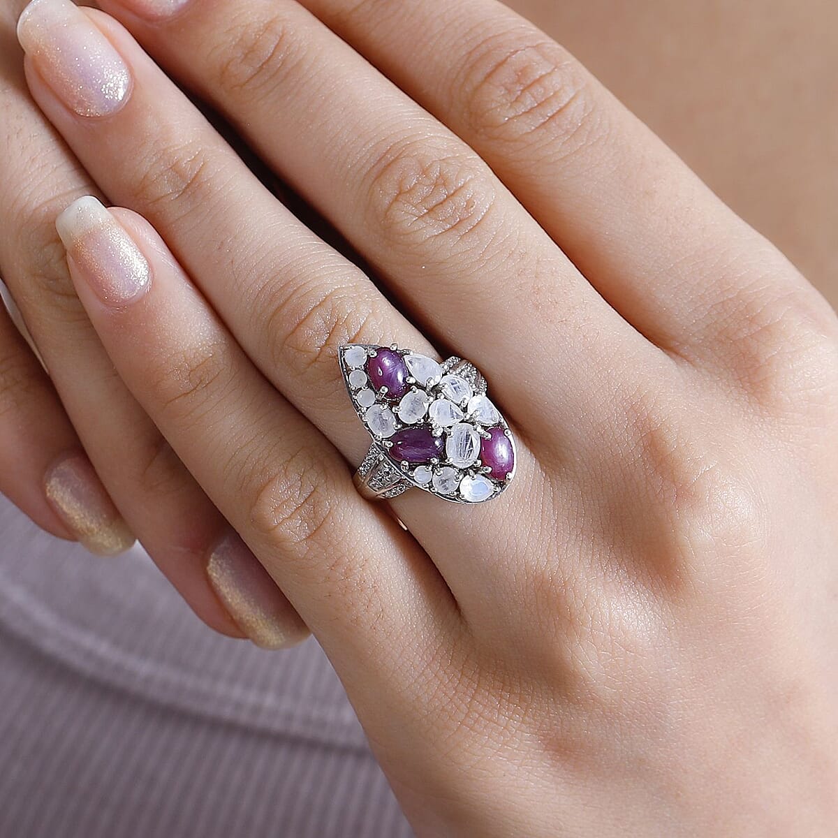 Indian Star Ruby and Multi Gemstone 4.90 ctw Celestial Ring in Platinum Over Sterling Silver (Size 7.0) image number 3