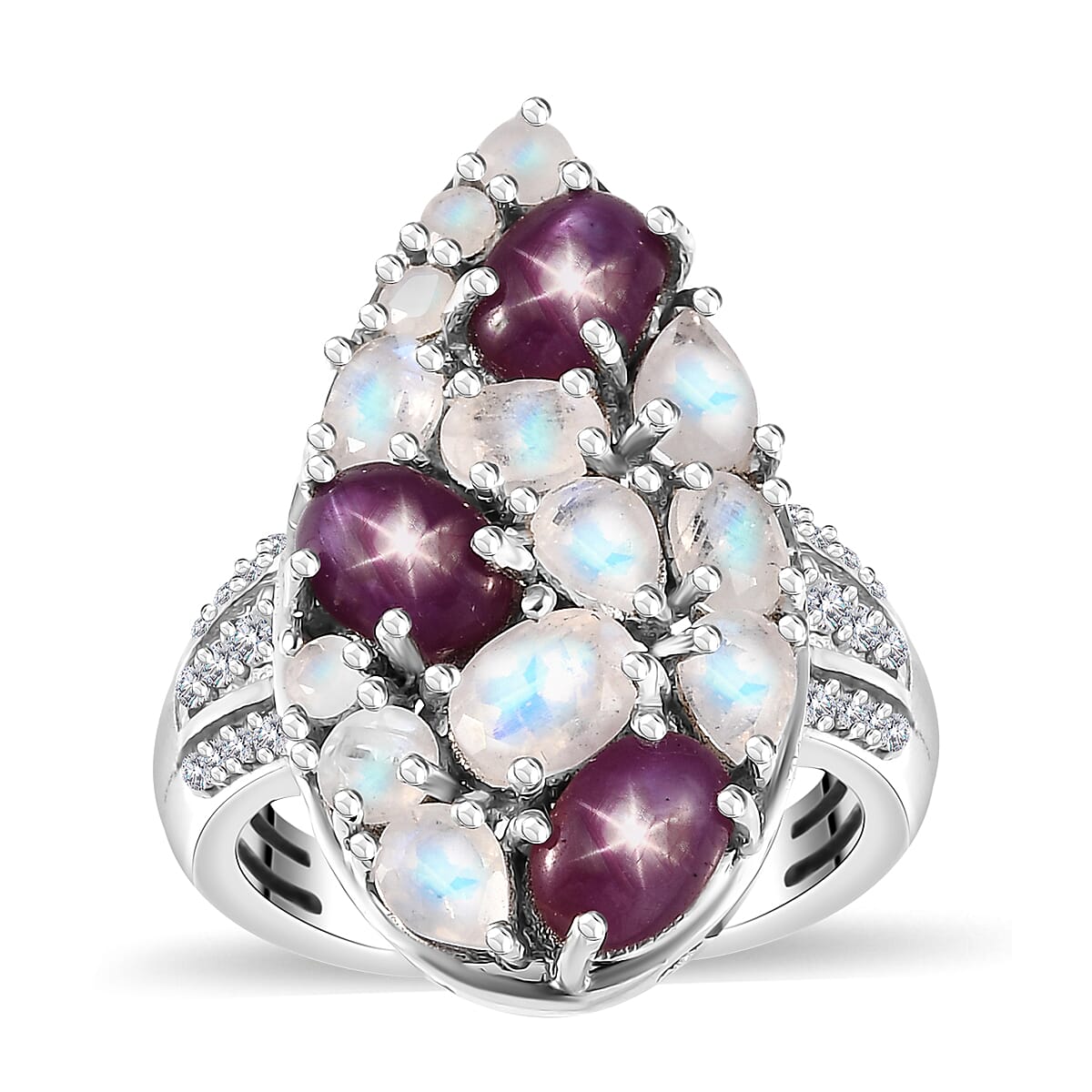 Indian Star Ruby and Multi Gemstone 4.90 ctw Celestial Ring in Platinum Over Sterling Silver (Size 8.0) image number 0