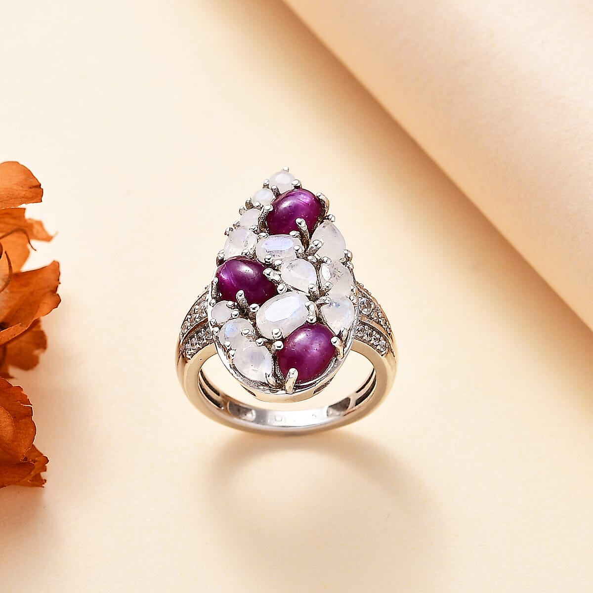 Indian Star Ruby and Multi Gemstone 4.90 ctw Celestial Ring in Platinum Over Sterling Silver (Size 8.0) image number 1