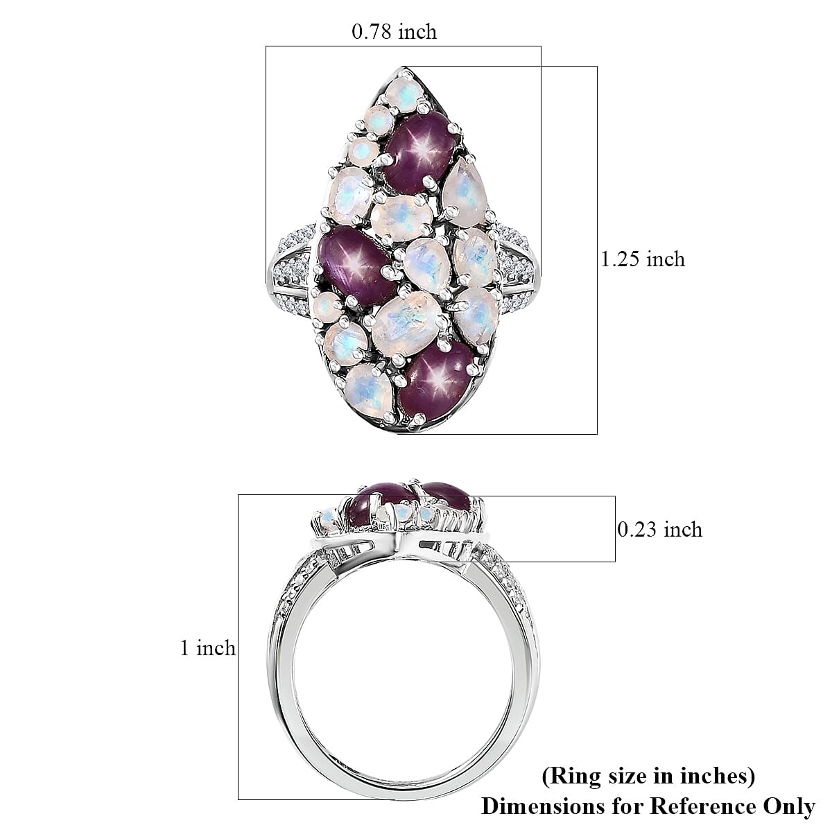 Indian Star Ruby and Multi Gemstone 4.90 ctw Celestial Ring in Platinum Over Sterling Silver (Size 8.0) image number 6
