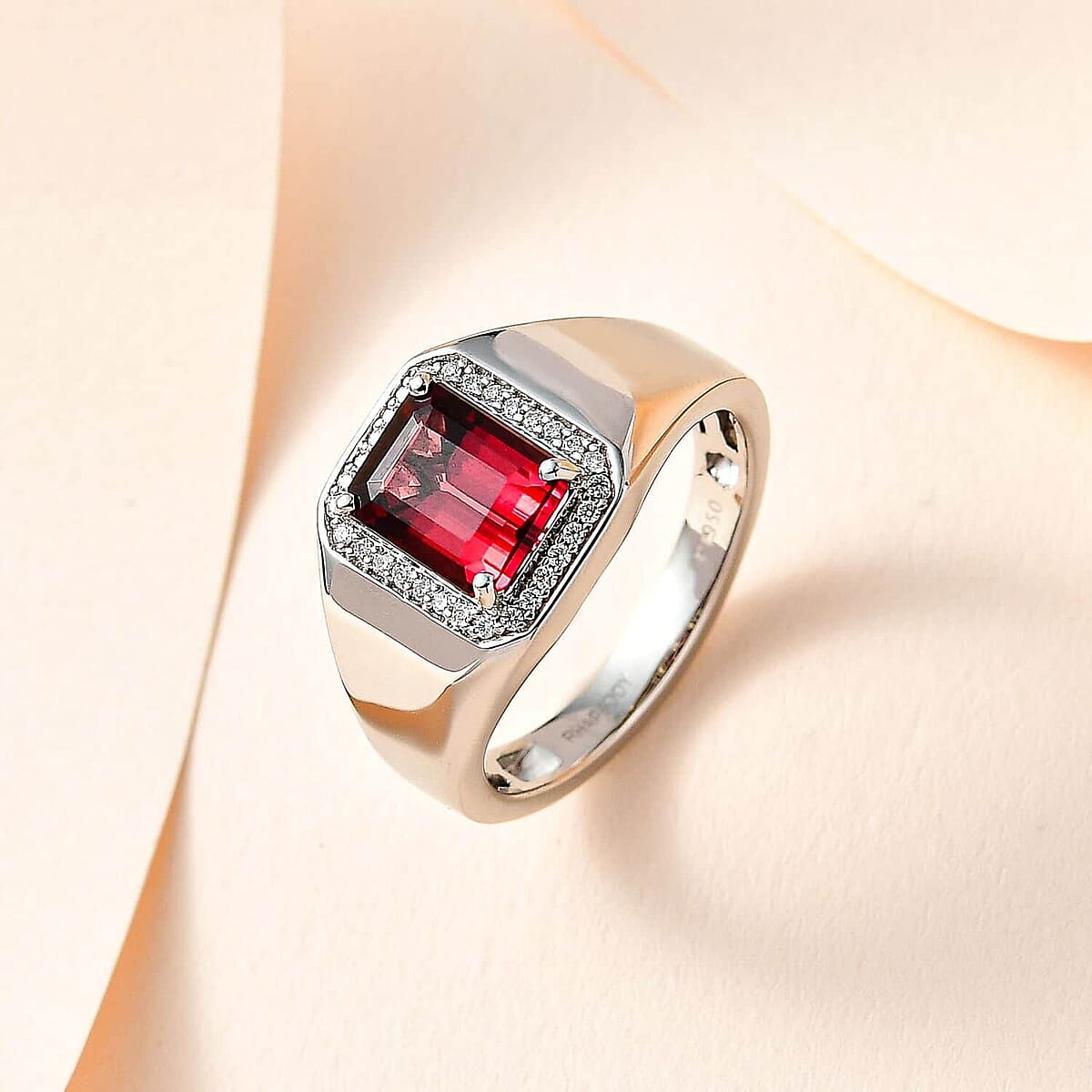 Rhapsody AAAA Ouro Fino Rubellite and E-F VS Diamond 2.85 ctw Men's Ring in 950 Platinum (Size 8.5) 9.70 Grams image number 1