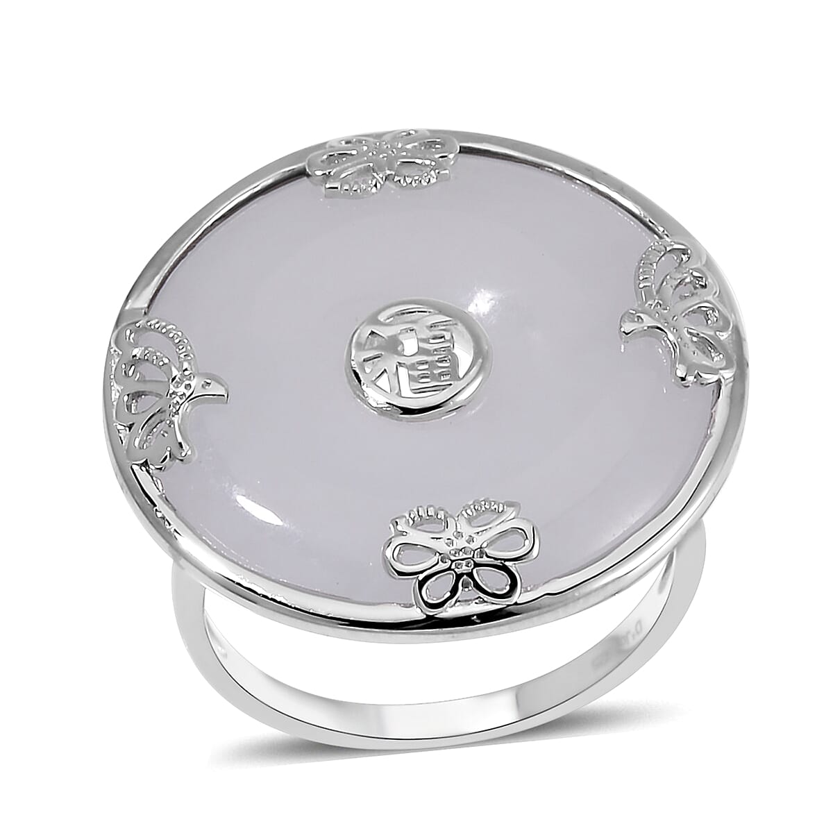 Natural Jade Bi-Disc Fu Happiness Ring in Platinum Over Sterling Silver (Size 10.0) 26.50 ctw