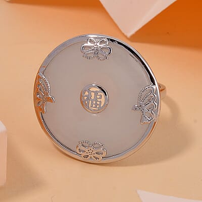 Natural Jade Bi-Disc Fu Happiness Ring in Platinum Over Sterling Silver (Size 10.0) 26.50 ctw