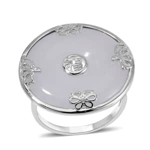 Natural Jade Bi-Disc Fu Happiness Ring in Platinum Over Sterling Silver (Size 11.0) 26.50 ctw