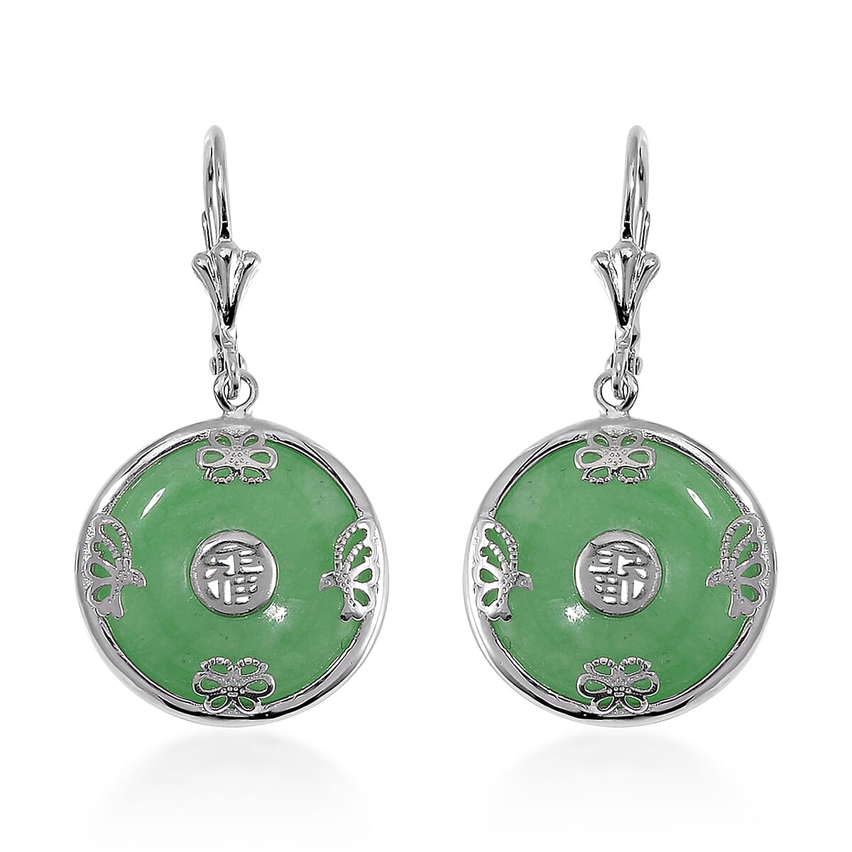 Green Jade (D) Bi-Disc Fu Happiness Earrings in Platinum Over Sterling Silver 14.90 ctw