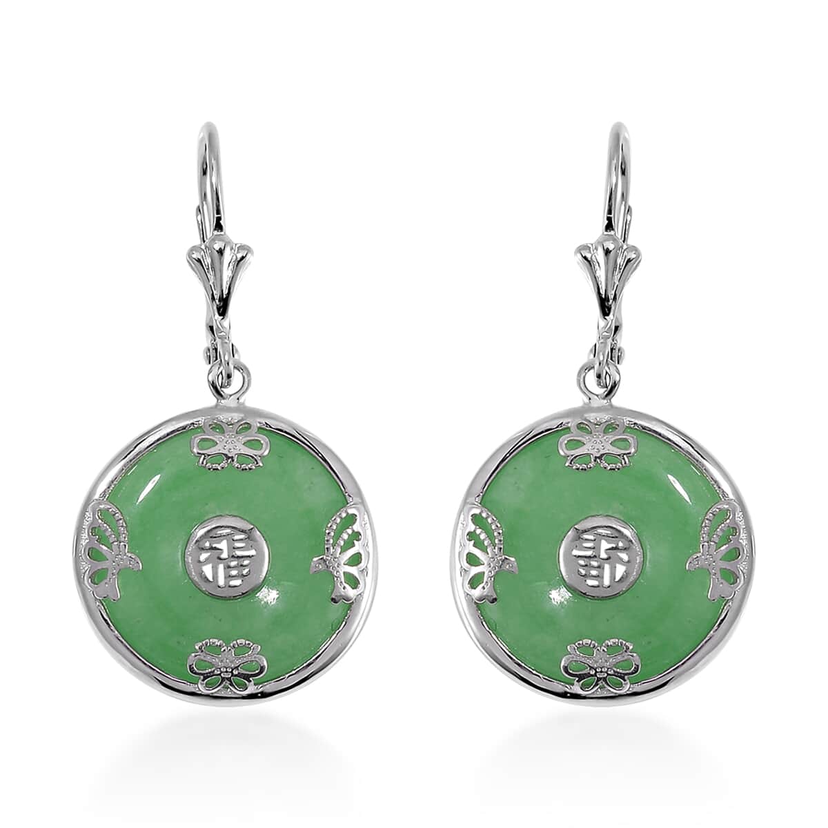 Green Jade (D) Bi-Disc Fu Happiness Earrings in Platinum Over Sterling Silver 14.90 ctw image number 0