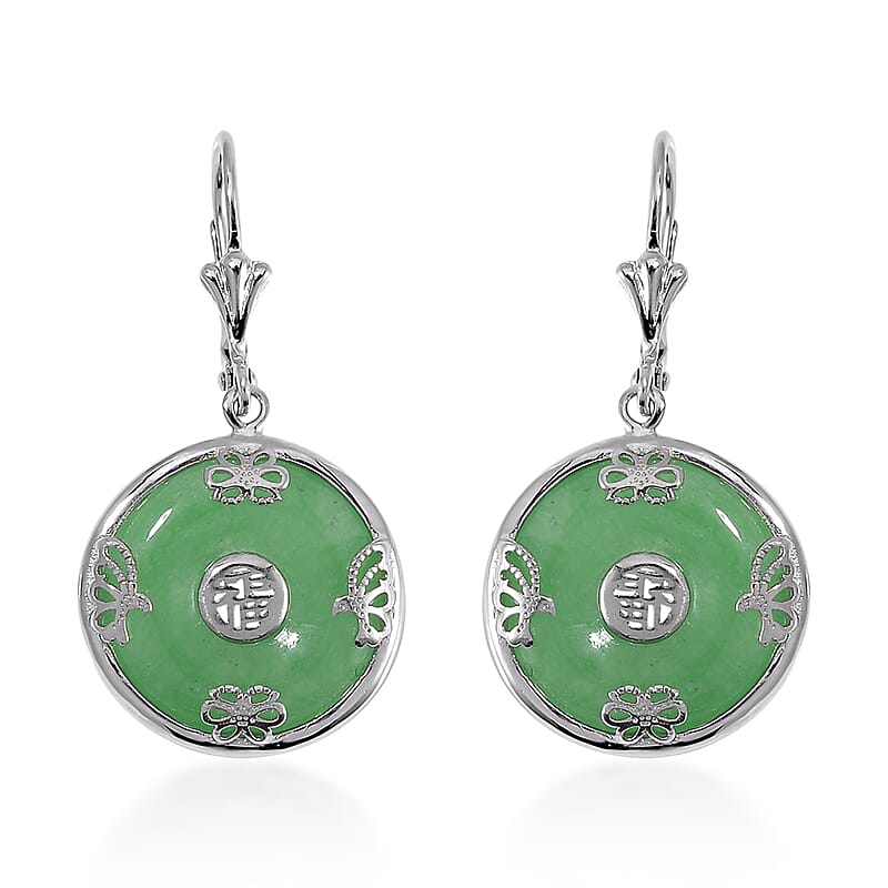 Green Jade (D) Bi-Disc Fu Happiness Earrings in Platinum Over Sterling Silver 14.90 ctw