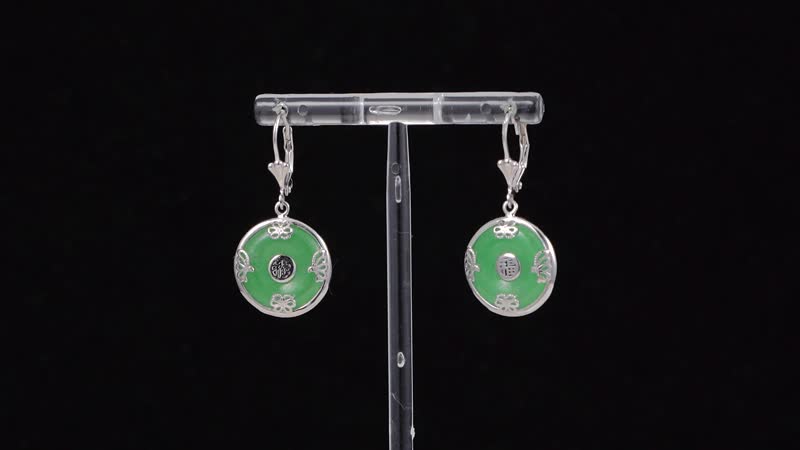 Green Jade (D) Bi-Disc Fu Happiness Earrings in Platinum Over Sterling Silver 14.90 ctw