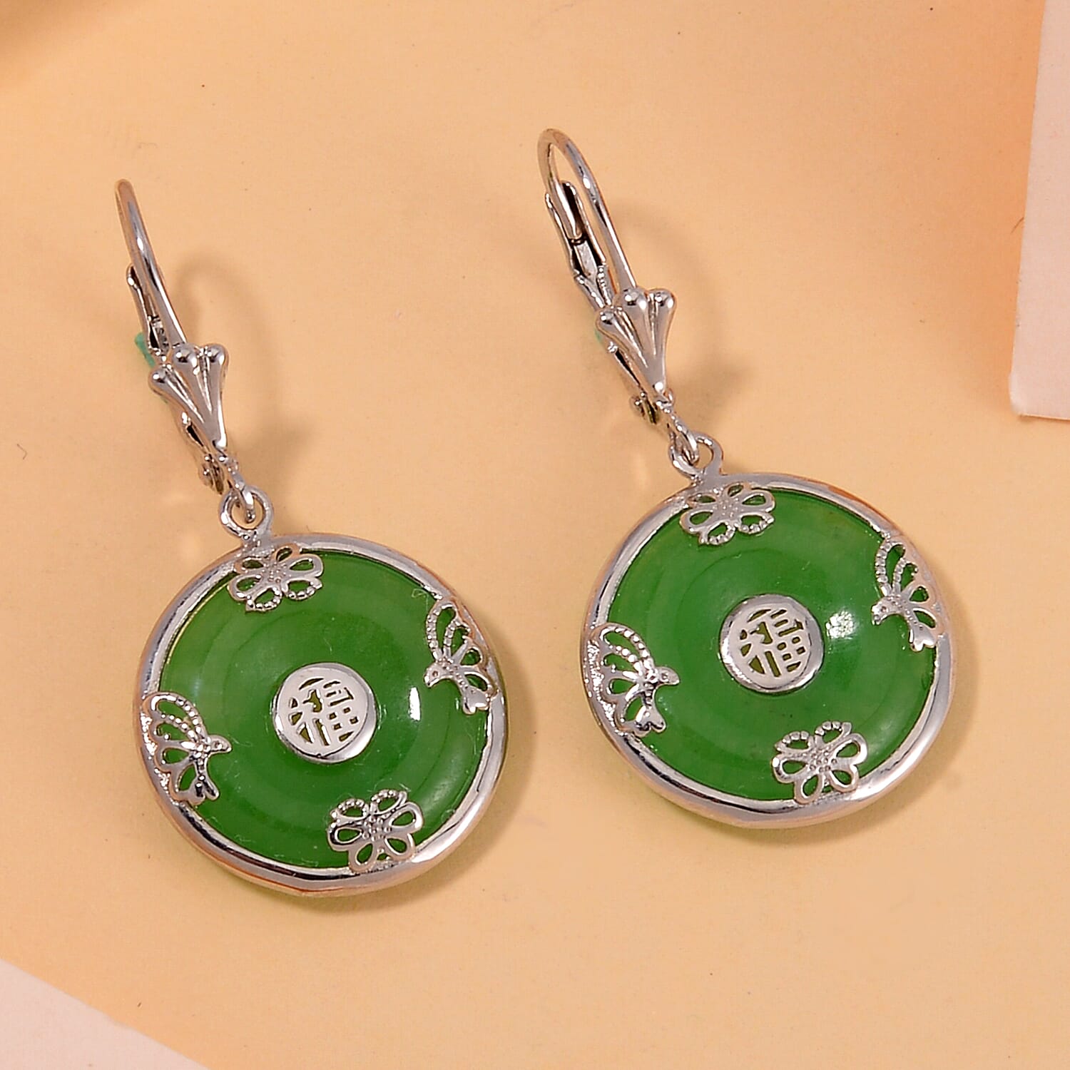 Green Jade (D) Bi-Disc Fu Happiness Earrings in Platinum Over Sterling Silver 14.90 ctw