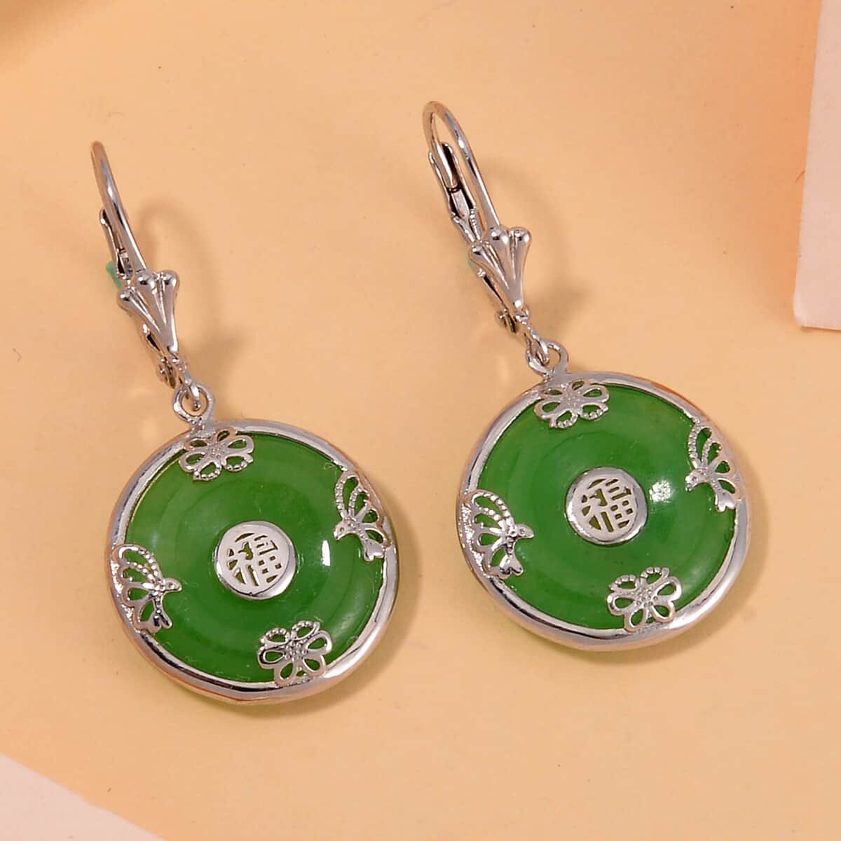 Green Jade (D) Bi-Disc Fu Happiness Earrings in Platinum Over Sterling Silver 14.90 ctw image number 1