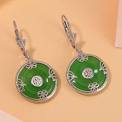 Green Jade (D) Bi-Disc Fu Happiness Earrings in Platinum Over Sterling Silver 14.90 ctw
