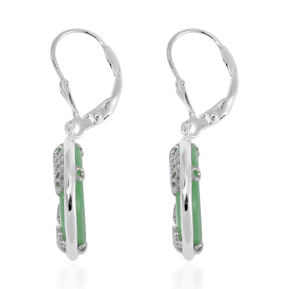 Green Jade (D) Bi-Disc Fu Happiness Earrings in Platinum Over Sterling Silver 14.90 ctw image number 3