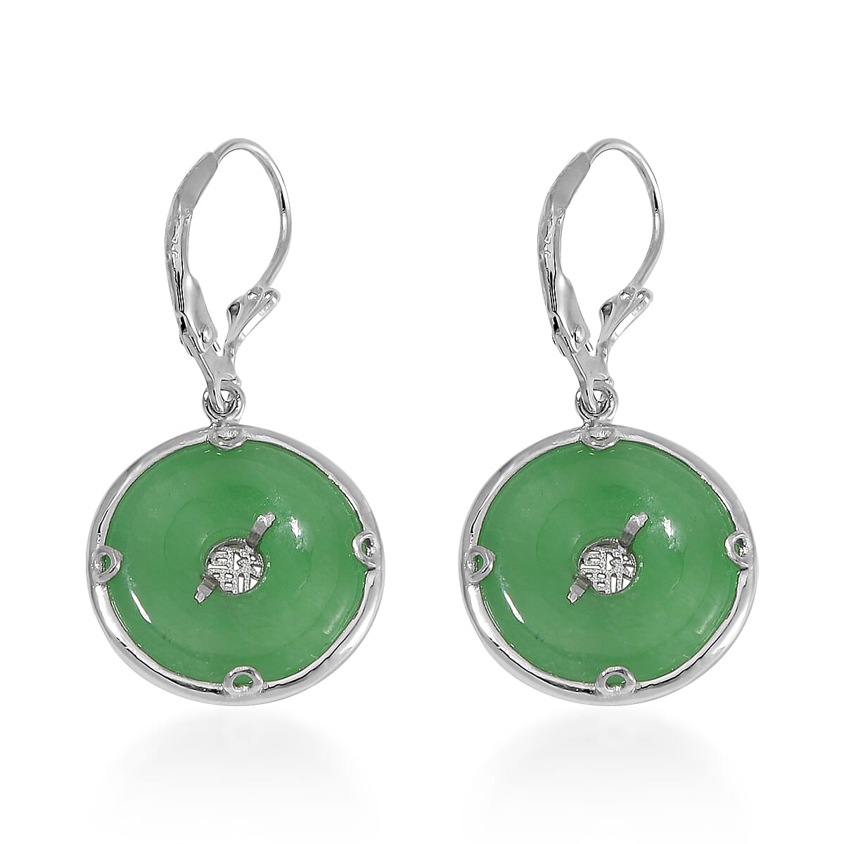 Green Jade (D) Bi-Disc Fu Happiness Earrings in Platinum Over Sterling Silver 14.90 ctw