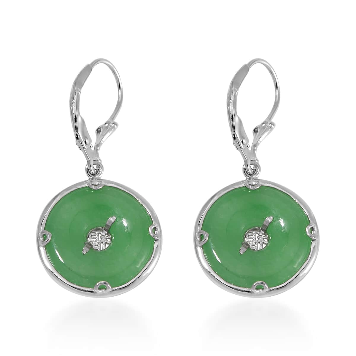 Green Jade (D) Bi-Disc Fu Happiness Earrings in Platinum Over Sterling Silver 14.90 ctw image number 4