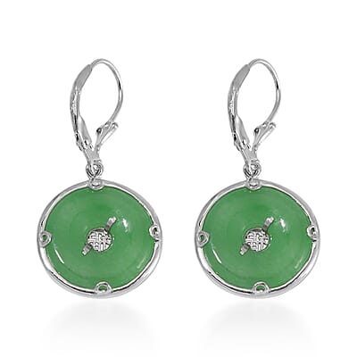 Green Jade (D) Bi-Disc Fu Happiness Earrings in Platinum Over Sterling Silver 14.90 ctw