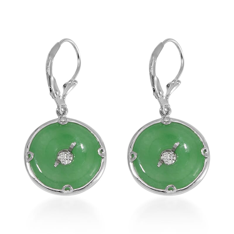 Green Jade (D) Bi-Disc Fu Happiness Earrings in Platinum Over Sterling Silver 14.90 ctw