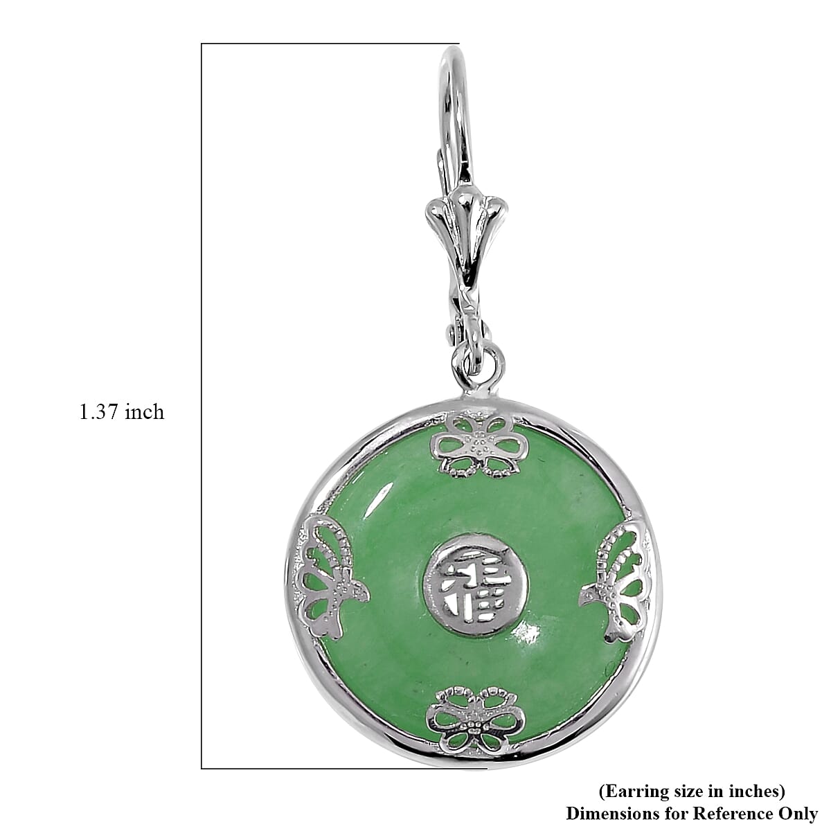 Green Jade (D) Bi-Disc Fu Happiness Earrings in Platinum Over Sterling Silver 14.90 ctw