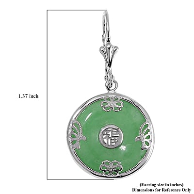 Green Jade (D) Bi-Disc Fu Happiness Earrings in Platinum Over Sterling Silver 14.90 ctw
