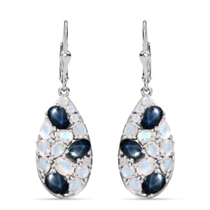 Blue Star Sapphire (DF) and Moon Glow Moonstone 7.75 ctw Celestial Earrings in Platinum Over Sterling Silver