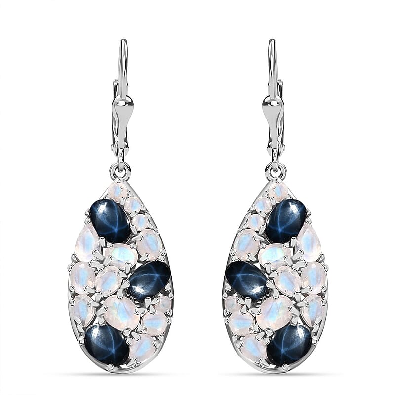 Blue Star Sapphire (DF) and Moon Glow Moonstone 7.75 ctw Celestial Earrings in Platinum Over Sterling Silver