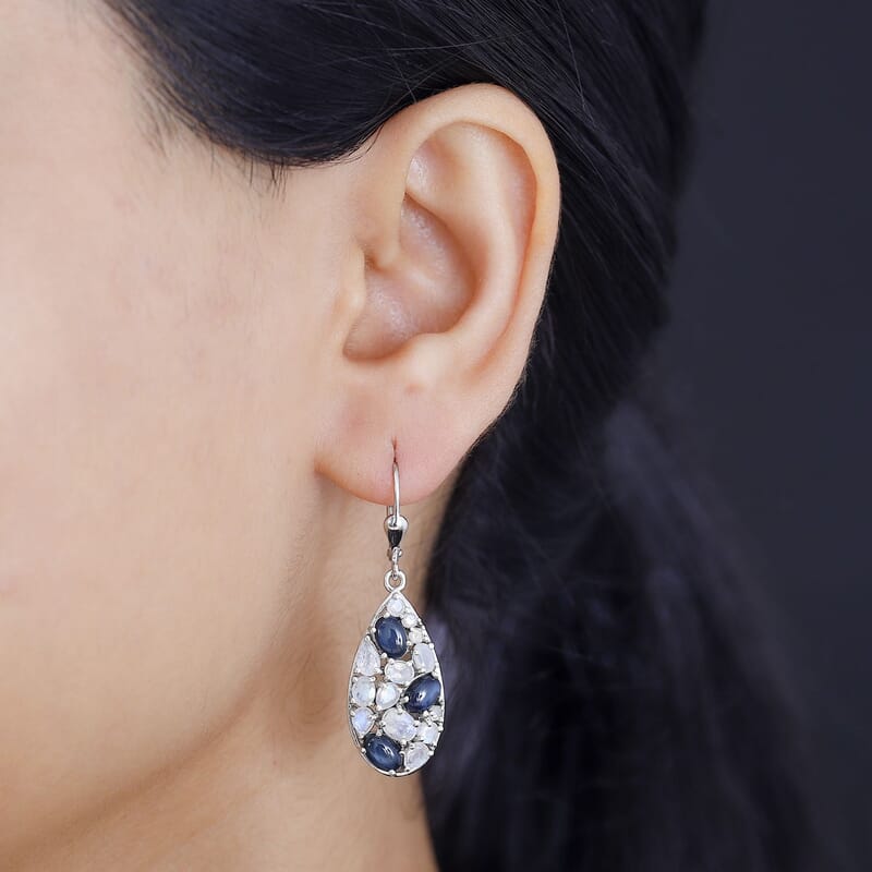 Blue Star Sapphire (DF) and Moon Glow Moonstone 7.75 ctw Celestial Earrings in Platinum Over Sterling Silver