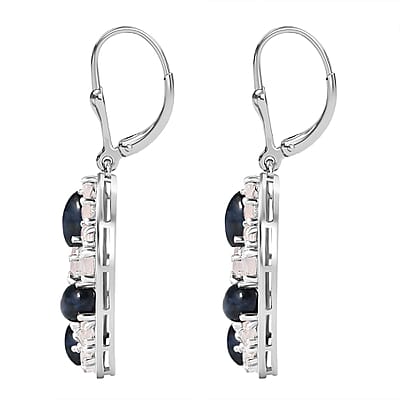 Blue Star Sapphire (DF) and Moon Glow Moonstone 7.75 ctw Celestial Earrings in Platinum Over Sterling Silver