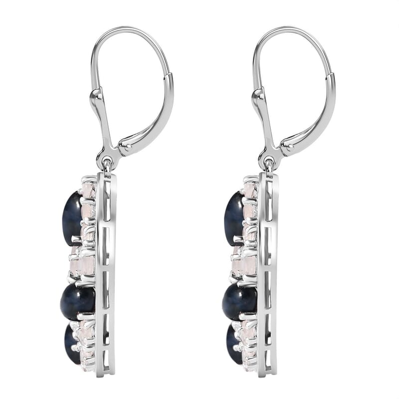 Blue Star Sapphire (DF) and Moon Glow Moonstone 7.75 ctw Celestial Earrings in Platinum Over Sterling Silver