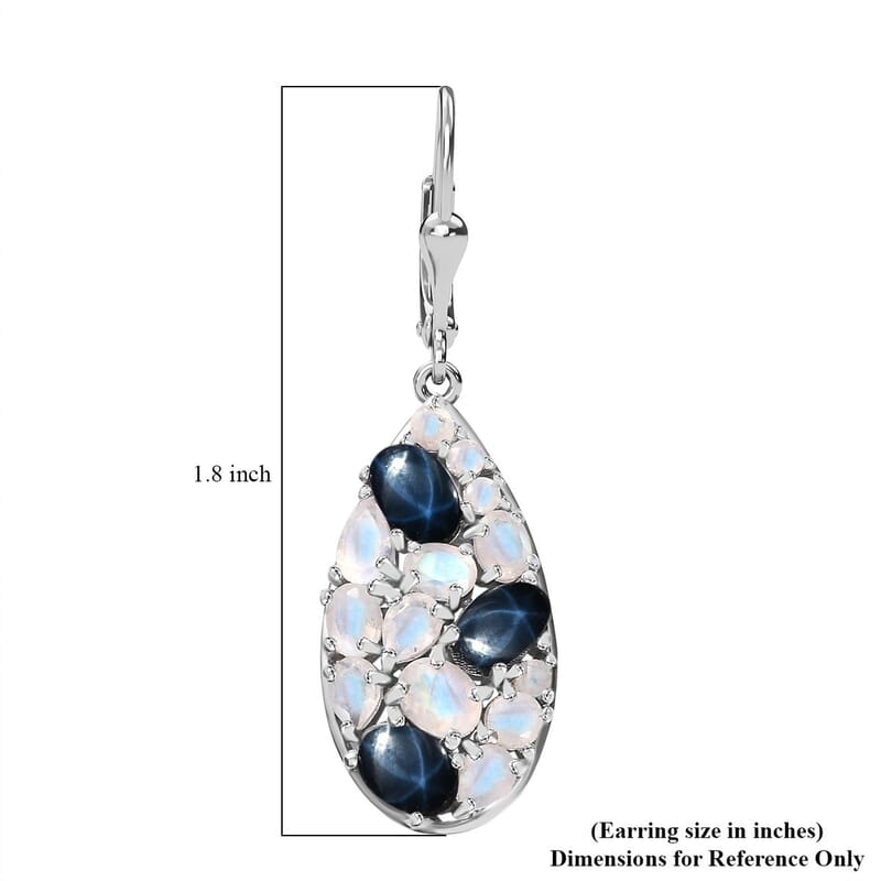Blue Star Sapphire (DF) and Moon Glow Moonstone 7.75 ctw Celestial Earrings in Platinum Over Sterling Silver