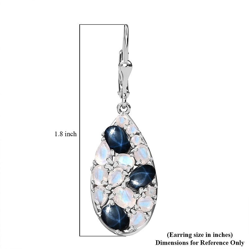Blue Star Sapphire (DF) and Moon Glow Moonstone 7.75 ctw Celestial Earrings in Platinum Over Sterling Silver