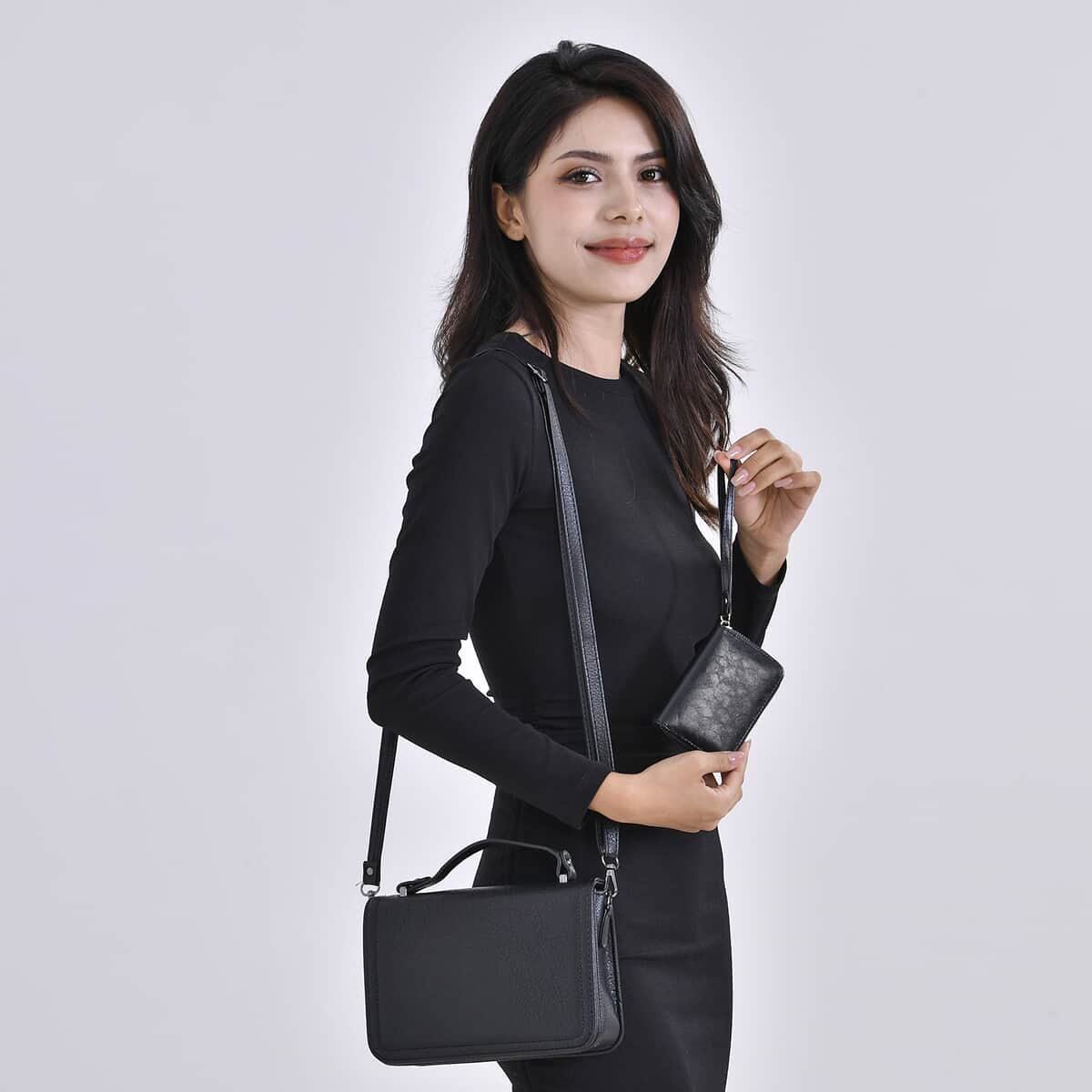 Black Faux Leather Set of Crossbody Bag and Card Holder image number 1