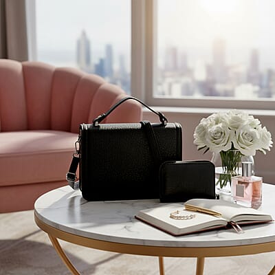 Black Faux Leather Set of Crossbody Bag and Card Holder