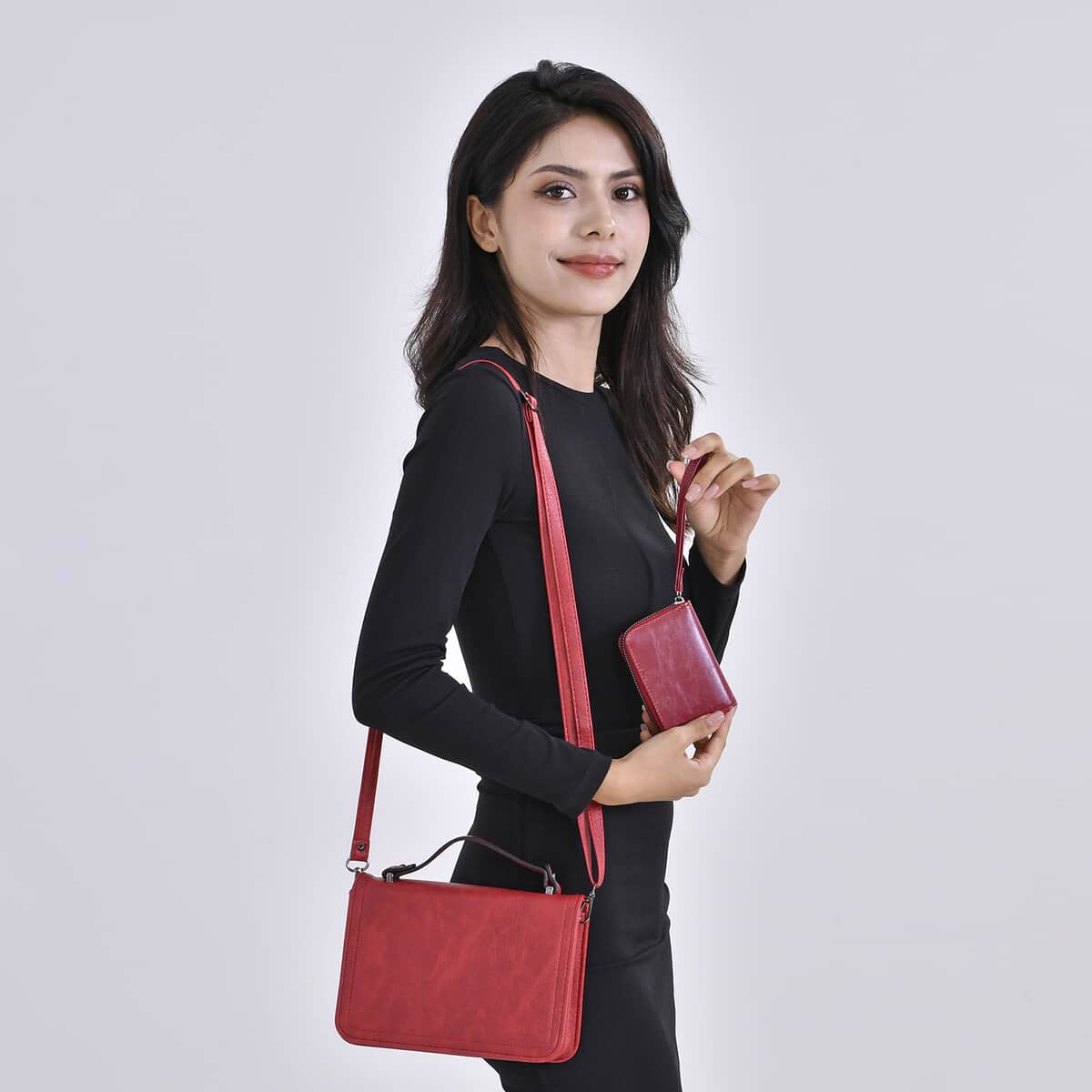 Red Faux Leather Set of Crossbody Bag and Card Holder image number 1