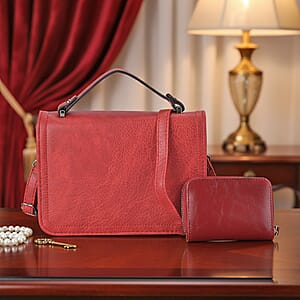 Red Faux Leather Set of Crossbody Bag and Card Holder