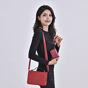 Red Faux Leather Set of Crossbody Bag and Card Holder