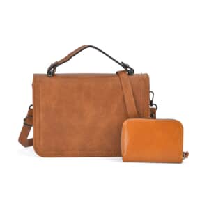 Brown Faux Leather Set of Crossbody Bag and Card Holder