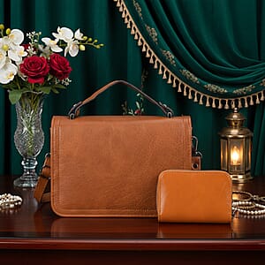 Brown Faux Leather Set of Crossbody Bag and Card Holder