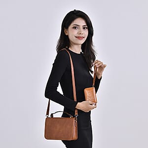 Brown Faux Leather Set of Crossbody Bag and Card Holder