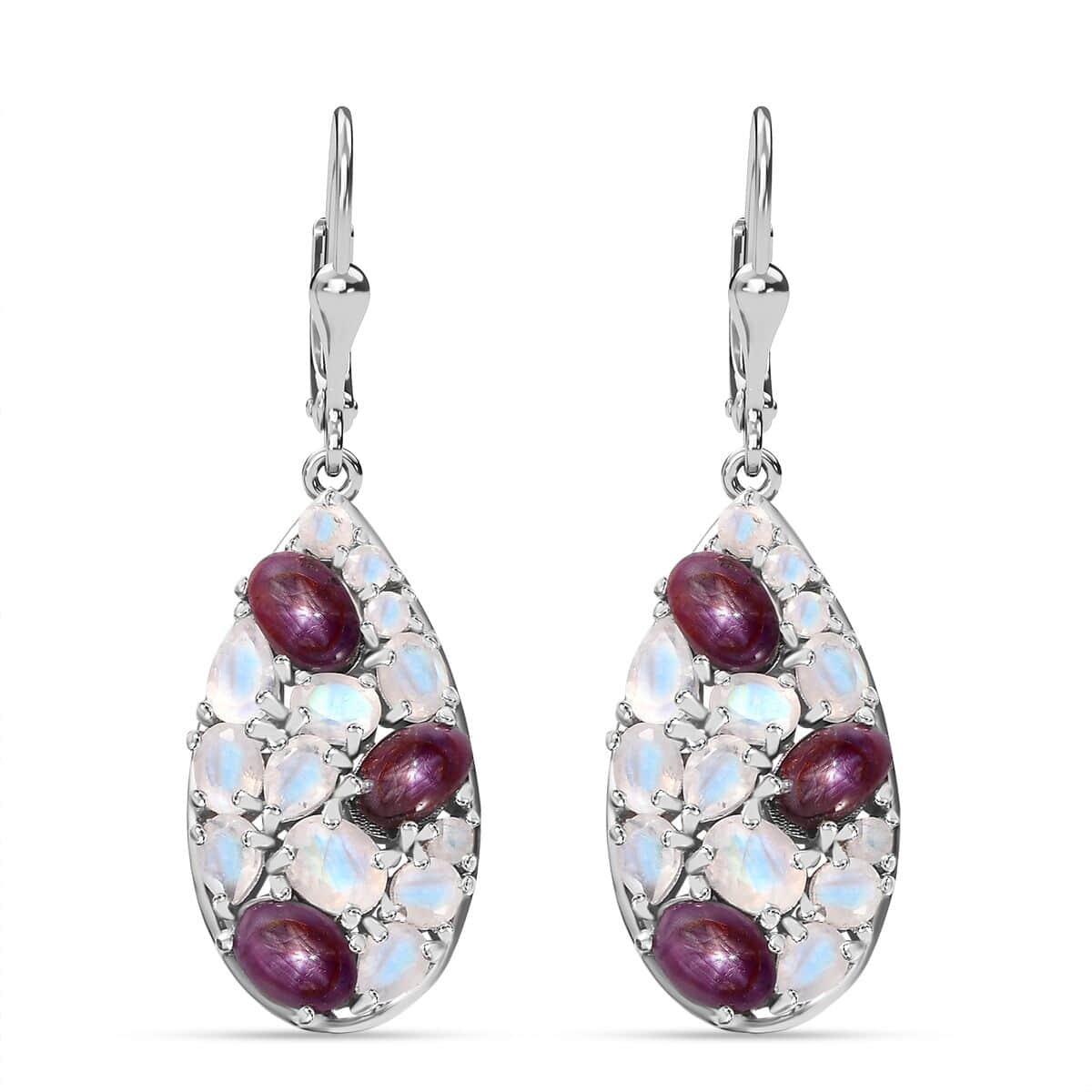 Indian Star Ruby and Moon Glow Moonstone 9.40 ctw Celestial Earrings in Platinum Over Sterling Silver image number 0