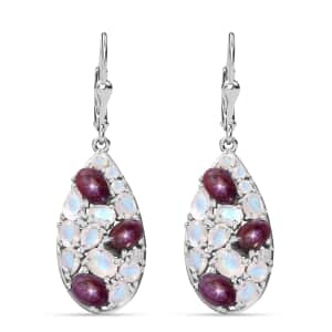 Indian Star Ruby and Moon Glow Moonstone 9.40 ctw Celestial Earrings in Platinum Over Sterling Silver