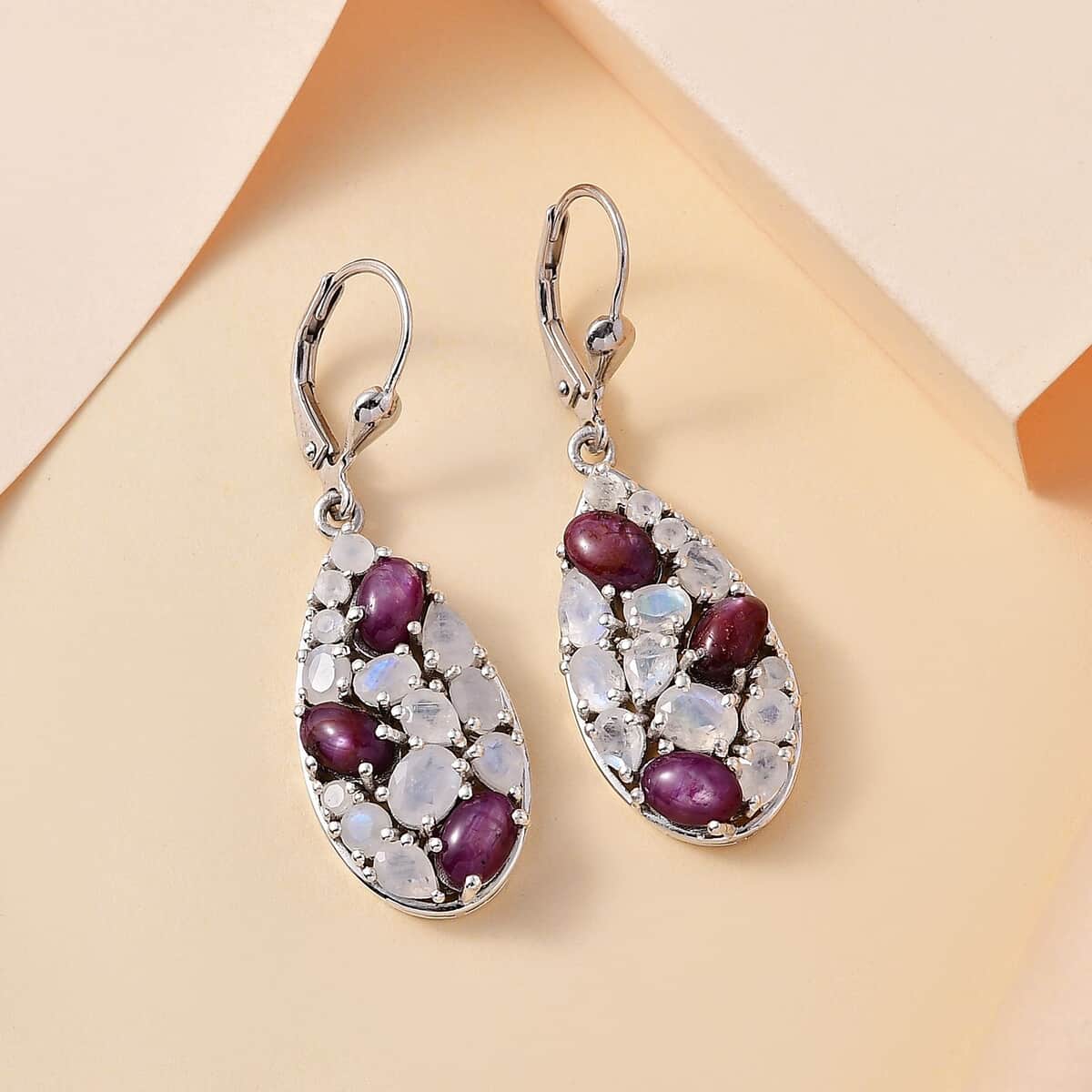 Indian Star Ruby and Moon Glow Moonstone 9.40 ctw Celestial Earrings in Platinum Over Sterling Silver image number 1