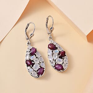 Indian Star Ruby and Moon Glow Moonstone 9.40 ctw Celestial Earrings in Platinum Over Sterling Silver