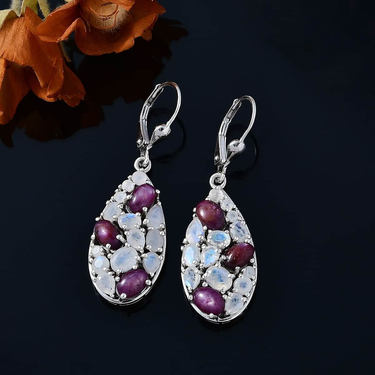 Indian Star Ruby and Moon Glow Moonstone 9.40 ctw Celestial Earrings in Platinum Over Sterling Silver image number 2