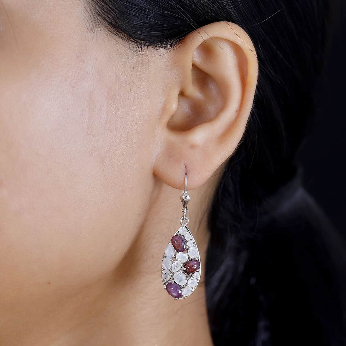 Indian Star Ruby and Moon Glow Moonstone 9.40 ctw Celestial Earrings in Platinum Over Sterling Silver image number 3