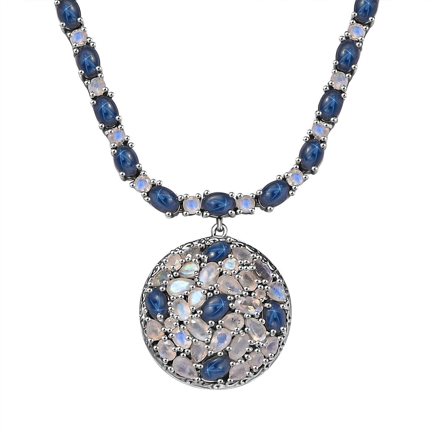 D'Joy Blue Star Sapphire (DF) and Moon Glow Moonstone 28.90 ctw Celestial Necklace 18 Inches in Platinum Over Sterling Silver