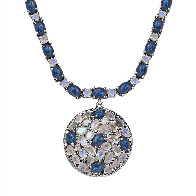D'Joy Blue Star Sapphire (DF) and Moon Glow Moonstone 28.90 ctw Celestial Necklace 18 Inches in Platinum Over Sterling Silver