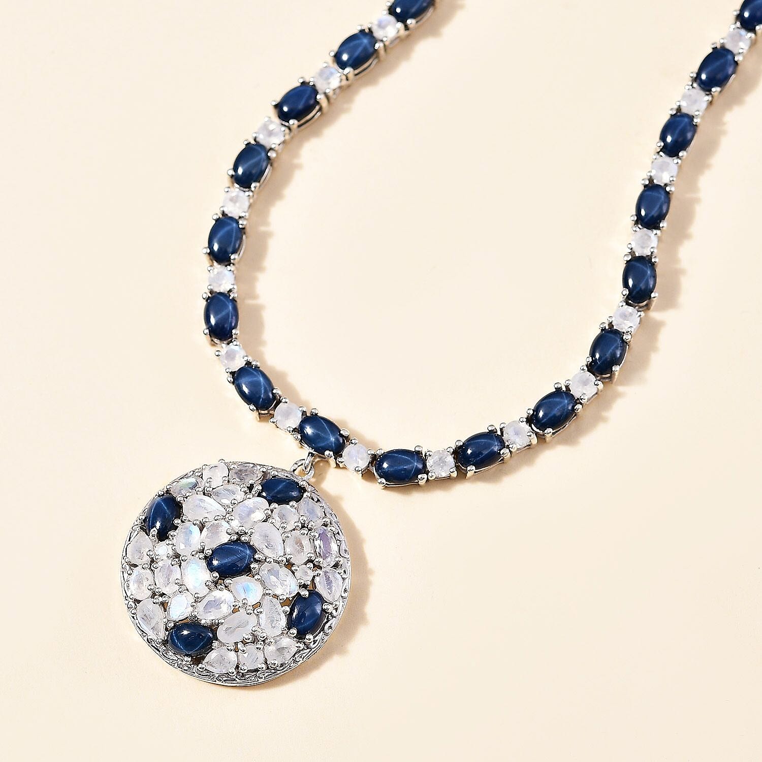 D'Joy Blue Star Sapphire (DF) and Moon Glow Moonstone 28.90 ctw Celestial Necklace 18 Inches in Platinum Over Sterling Silver