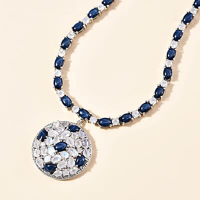 D'Joy Blue Star Sapphire (DF) and Moon Glow Moonstone 28.90 ctw Celestial Necklace 18 Inches in Platinum Over Sterling Silver
